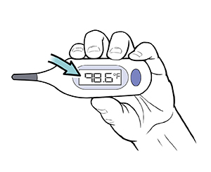 Hand holding digital rectal thermometer, arrow pointing to temperature reading.